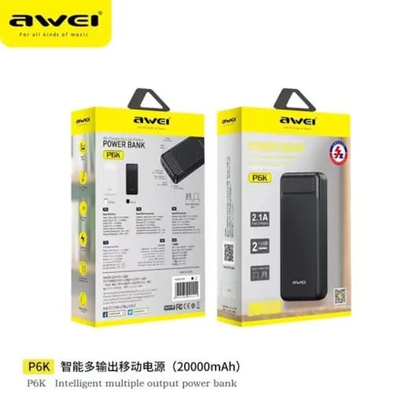৬ মাসের গ্যারান্টি সহ Awei Mini Portable Dual USB Power Bank (20,000mAh)